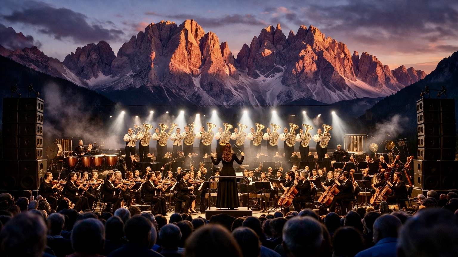 Illustrative concert scene featuring tubas and orchestra beneath a mountain backdrop
