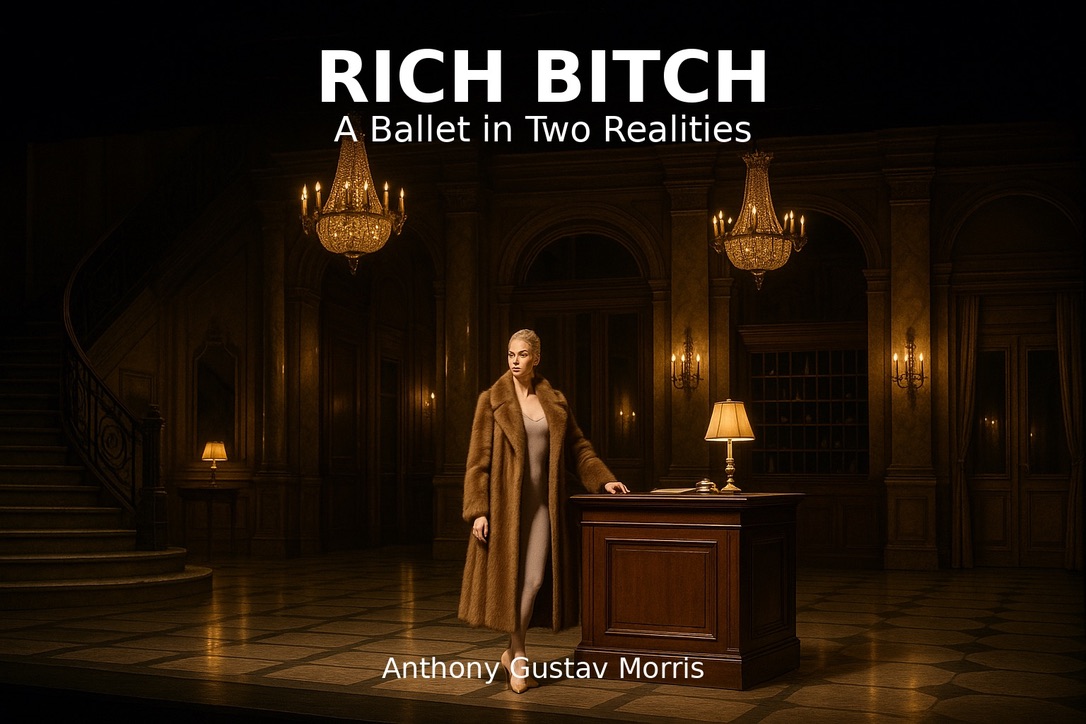 Poster artwork for Rich Bitch: A Ballet in Two Realities, showing a woman in a hotel lobby