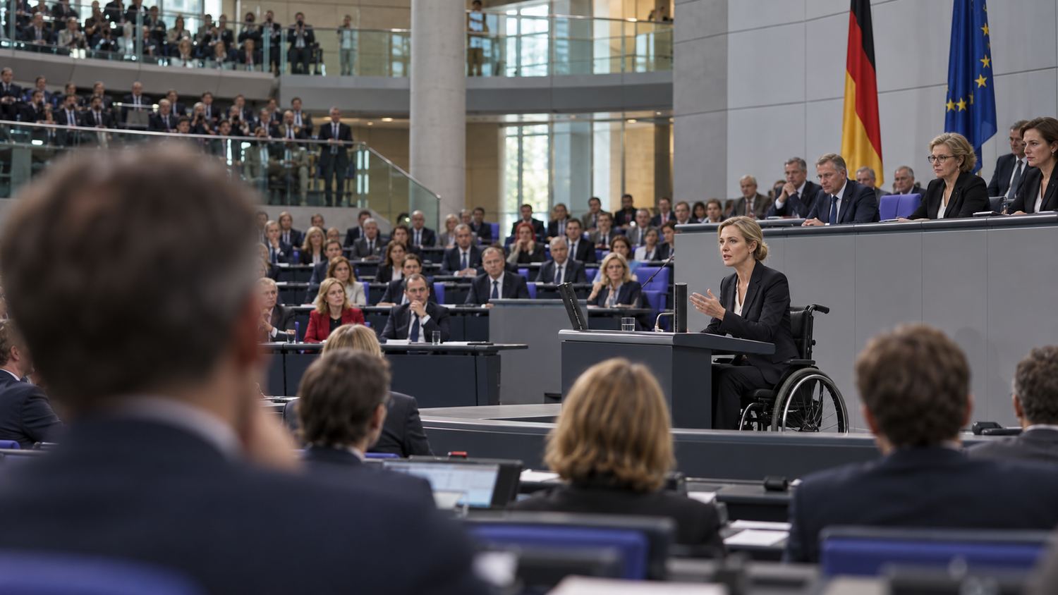 Jenny Ziehms addresses an assembly from her wheelchair
